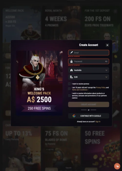 Creating an account King Billy Casino
